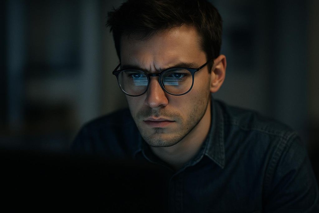 Man focusing intently on a computer screen, representing cognitive precision.