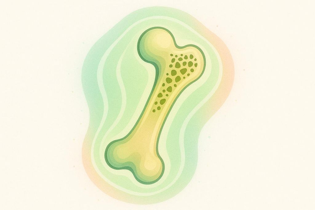 An illustration showing a stylized human bone in various shades of yellow and green, with the internal structure represented by darker green irregular shapes, suggesting strong bone density. The bone is surrounded by wavy light green and orange layers against a pale yellow background.