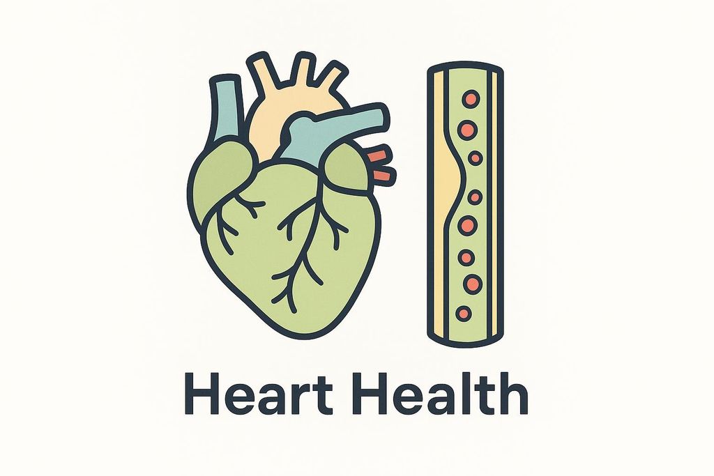An icon representing heart health, featuring a stylized human heart next to a blood vessel showing both clear flow and a section with plaque buildup. Below the icons, the words "Heart Health" are written in dark gray.