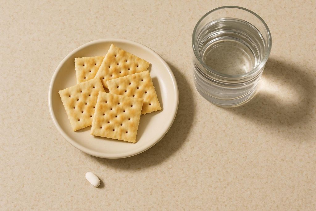 A white pill lies next to a small plate of dry, square crackers. A glass of water is positioned in the upper right corner. This setup suggests taking medication with food and water.