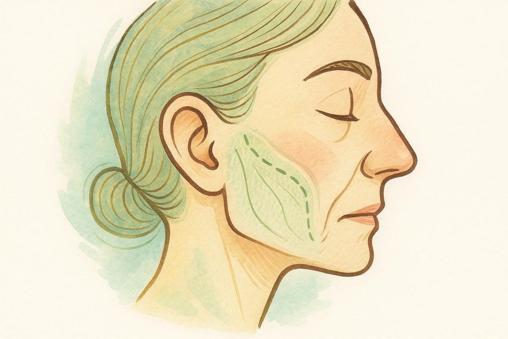 An illustration of a woman's profile, highlighting hollow cheeks and sunken areas characteristic of "Ozempic face" with green shaded areas and dashed lines indicating contours of the face.