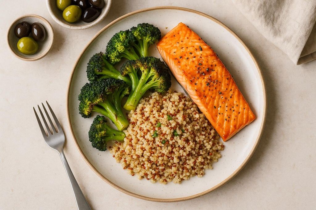 A top-down view of a healthy Mediterranean meal with a baked salmon fillet, quinoa, and roasted broccoli florets on a white plate. Two small bowls of green and black olives are in the background.
