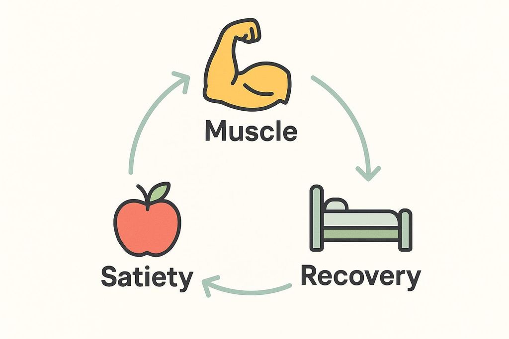 A diagram illustrates the benefits of protein in a circular flow. An arm showing muscle represents 'Muscle,' an apple represents 'Satiety,' and a bed represents 'Recovery.' Arrows connect Muscle to Recovery, Recovery to Satiety, and Satiety to Muscle, depicting a continuous cycle.