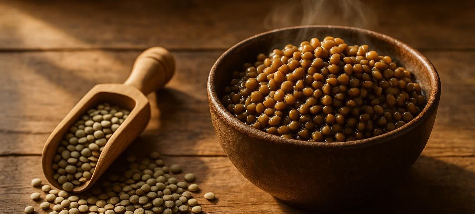 Side-by-side comparison of raw dry lentils in a wooden scoop and cooked, steaming lentils in a rustic bowl, both on a wooden surface.
