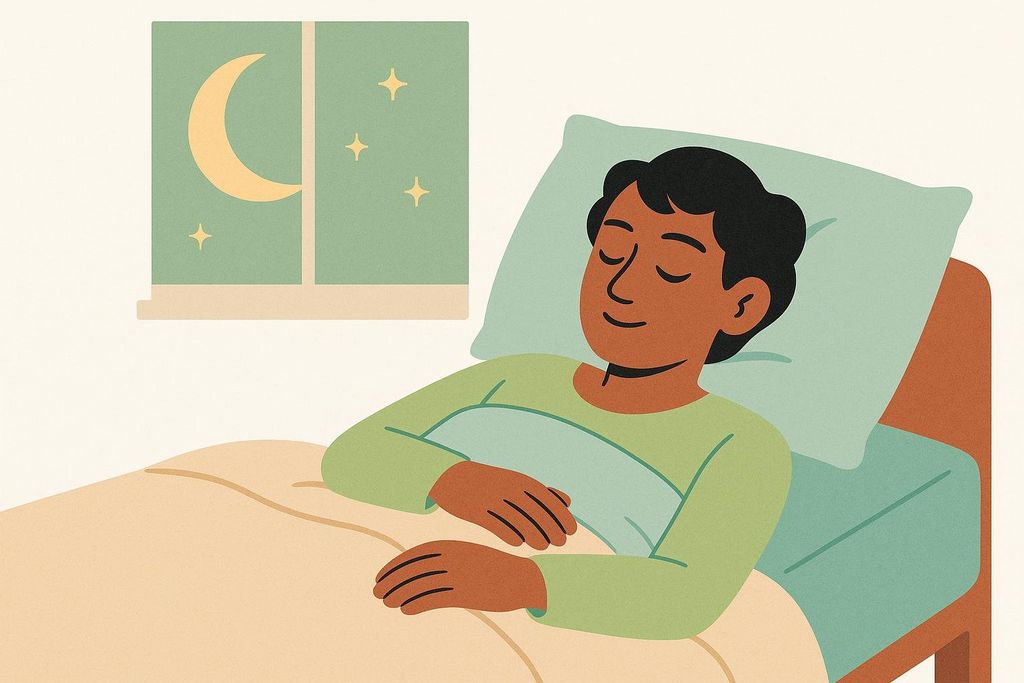 An illustration of a person sleeping soundly in bed with their hands clasped over the blanket, and a moonlit window with a crescent moon and stars in the background.