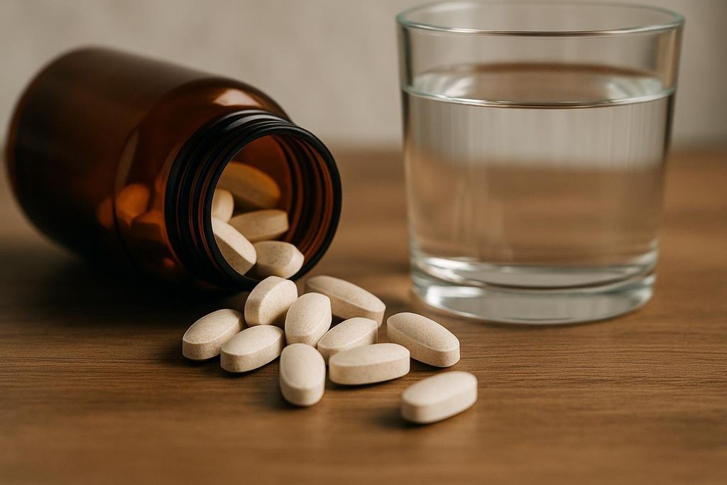 Calcium supplements spilled from a brown bottle next to a glass of water on a wooden surface.