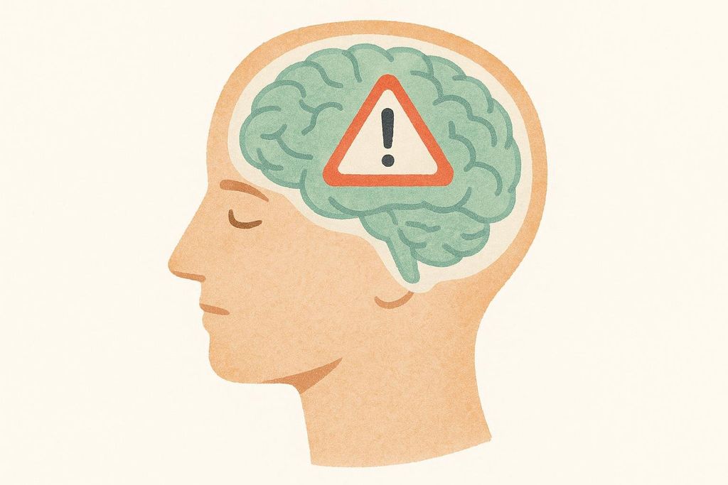 An illustration of a head in profile with a teal brain inside. A red and white triangular warning sign with an exclamation mark is superimposed over the brain, indicating a neurological issue or something wrong with brain health.