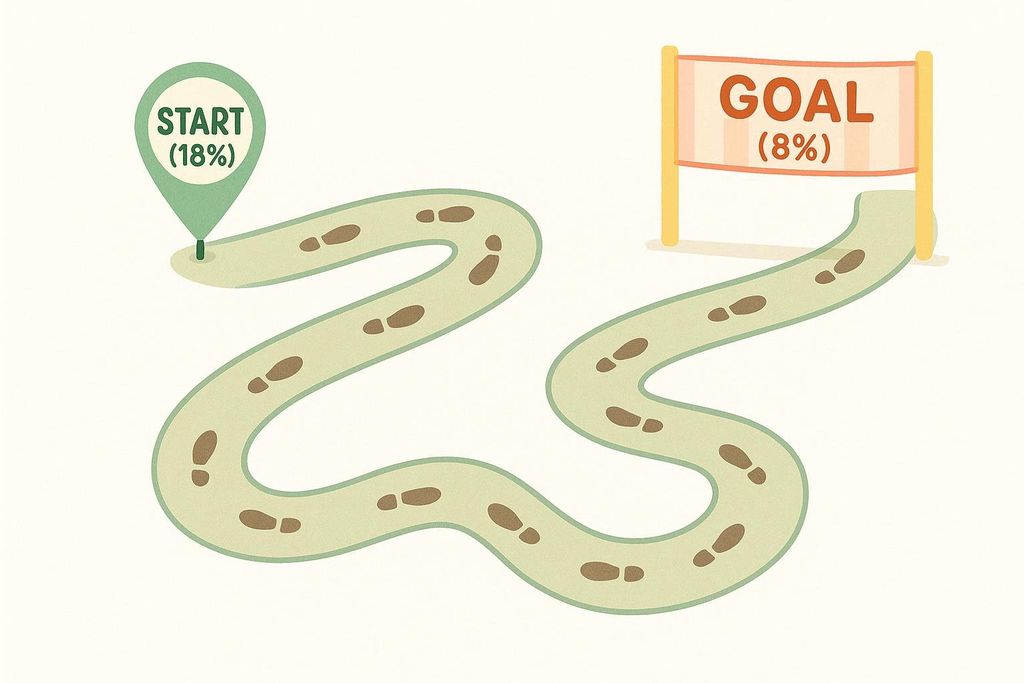 An illustration of a winding light green path with brown footprints. The path starts with a green map pin labeled 'START (18%)' and ends at a yellow and red banner labeled 'GOAL (8%)'. This represents a journey from 18% to 8% body fat.
