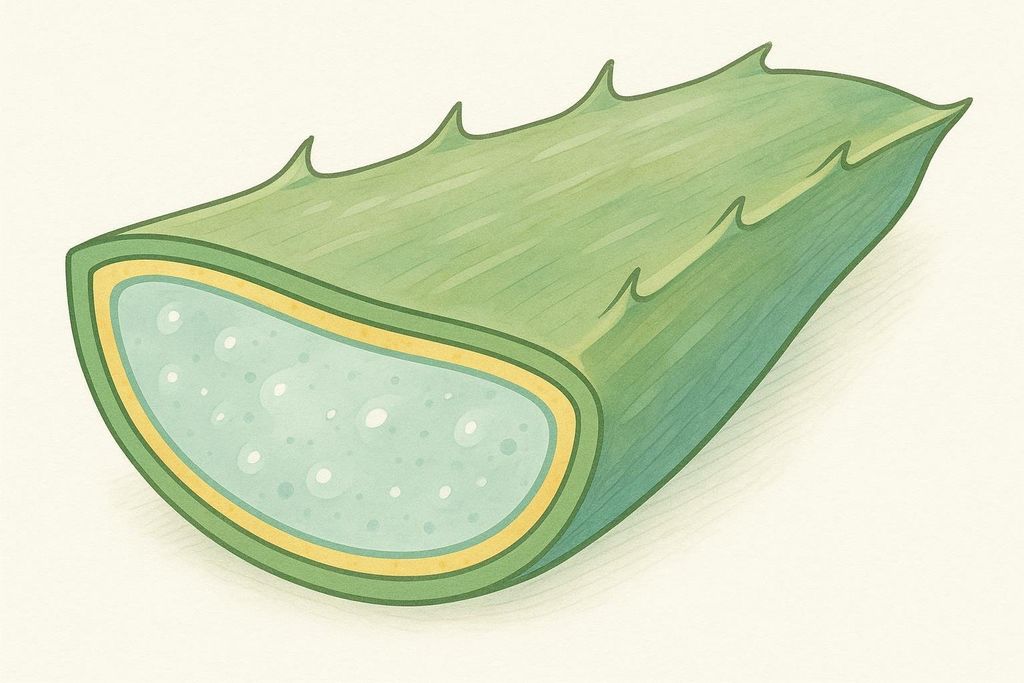 A stylized diagram illustrating a cross-section of an aloe vera leaf, showing the outer green rind, a thin yellow layer (latex), and the inner clear, gel-like pulp containing small white bubbles.