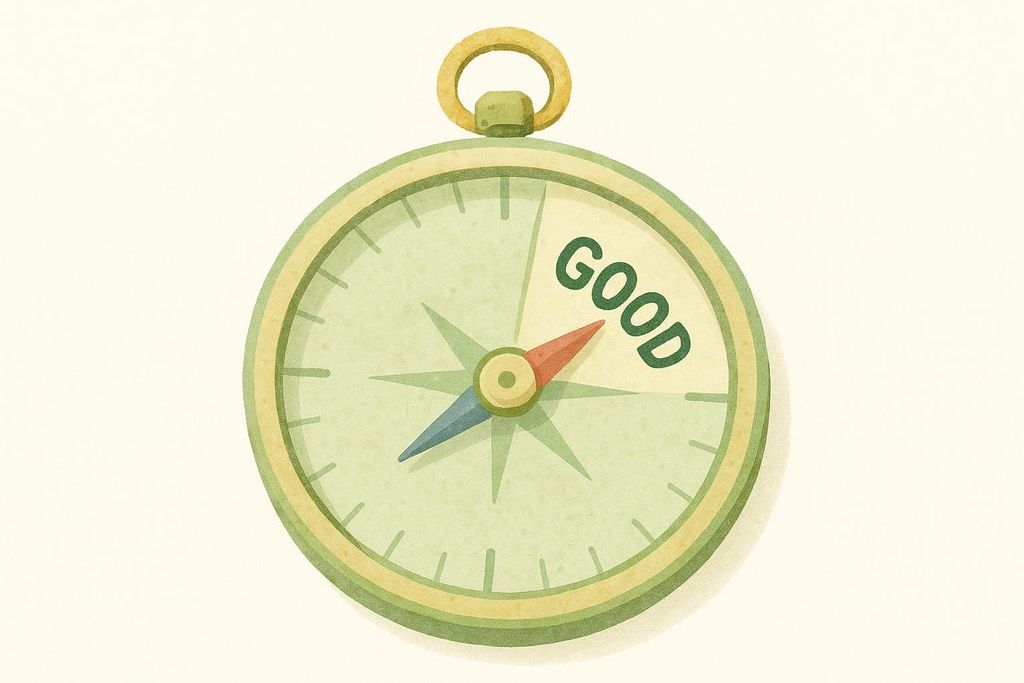 An illustration of a compass with a red needle pointing to the word 'GOOD' on the dial, set against a light background.