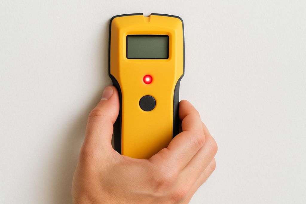 A hand holds a yellow and black stud finder against a white wall. A red light on the device is illuminated, indicating a stud has been located.