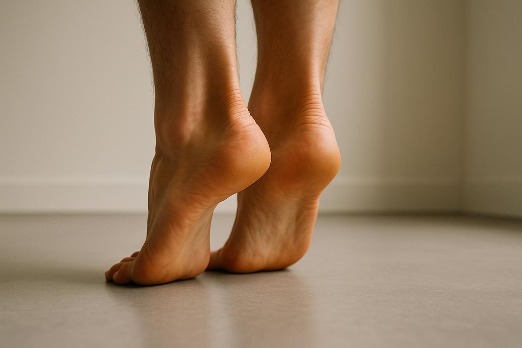 Close-up view of feet performing a double-leg heel raise on the floor to strengthen the calves.