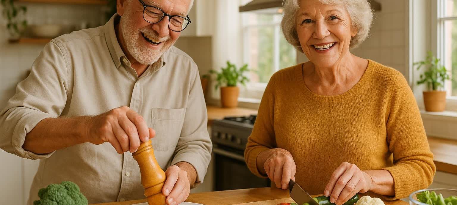 An older, smiling couple preparing a healthy meal together in a bright kitchen. The man grinds spices while the woman chops vegetables.