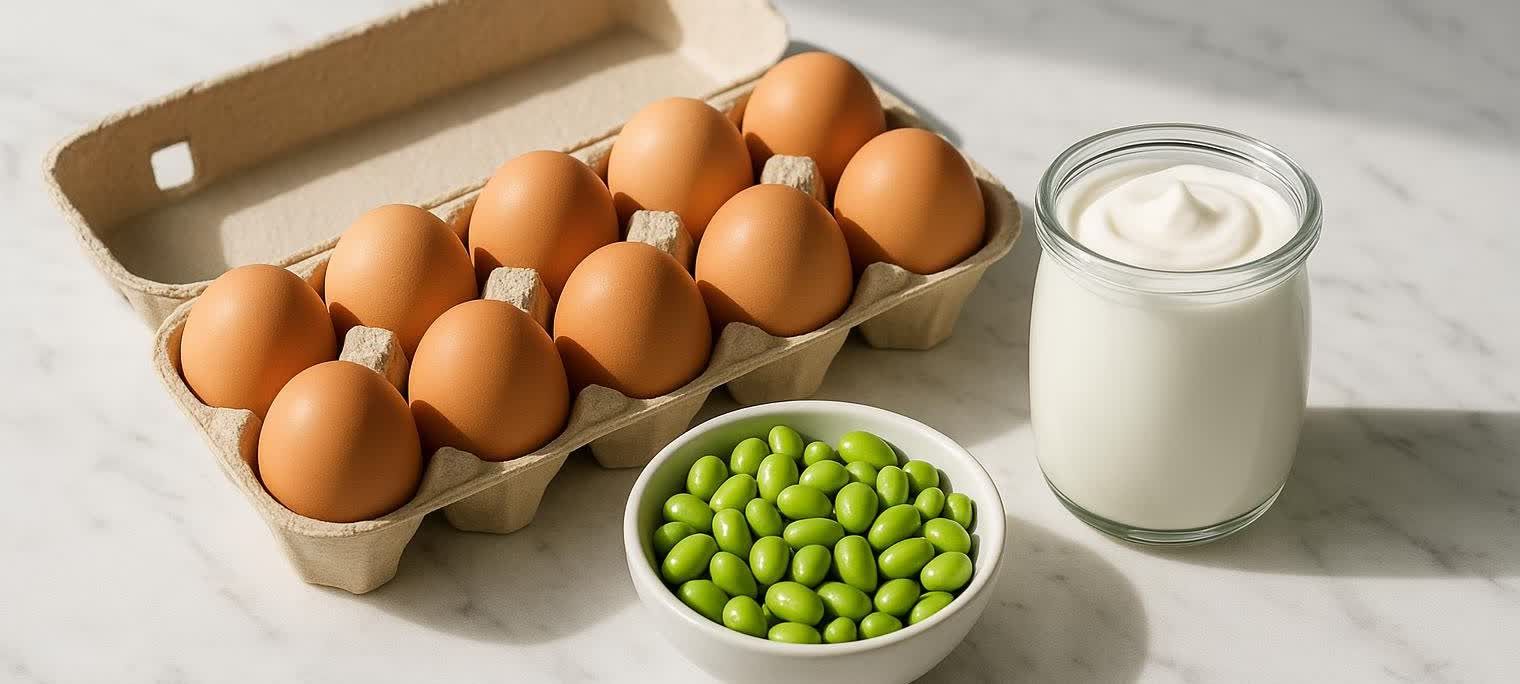 An overhead shot of high-protein whole foods on a marble countertop, including a carton of brown eggs, a bowl of edamame, and a jar of yogurt.