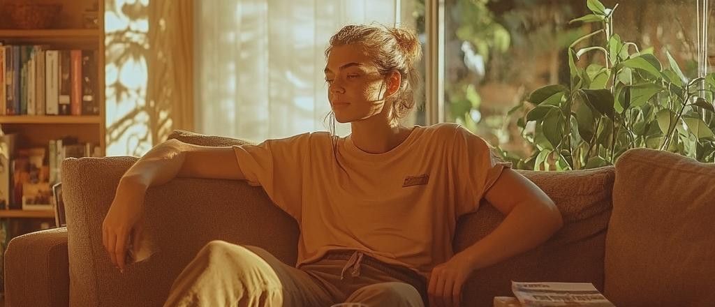 A woman reclines on a sofa in a warm, sunlit room. Sunlight streams through a window, casting shadows and highlighting dust motes in the air.