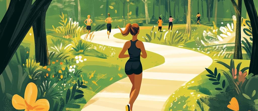 Illustration of a woman running on a curved path in a park. Several other people are also running or walking in the background among trees and greenery.