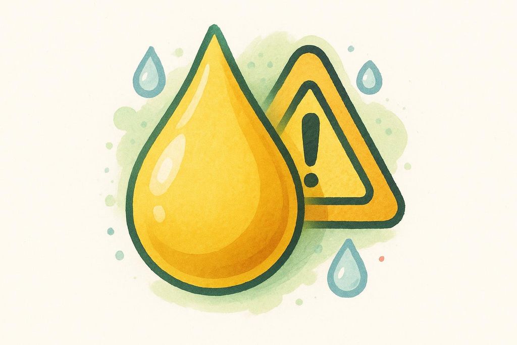An illustration showing a large yellow drop of liquid next to a yellow triangular caution sign with an exclamation mark. Smaller blue water droplets and green splatters are in the background.