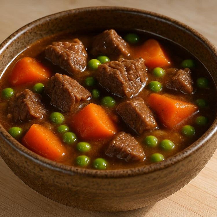 Close-up of a bowl of hearty beef and vegetable stew, featuring large chunks of beef, bright orange carrots, and green peas in a rich brown gravy.