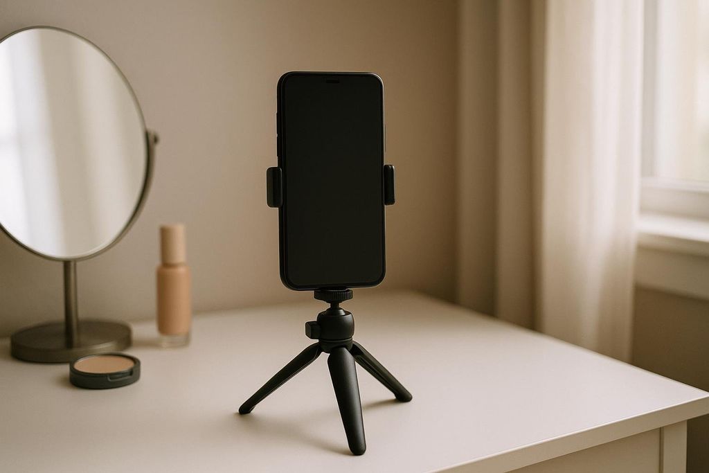 A smartphone mounted on a small black tripod on a dresser, with a mirror and makeup in the background, near a window with sheer curtains. The phone's screen is black, suggesting it's powered off or in camera mode.