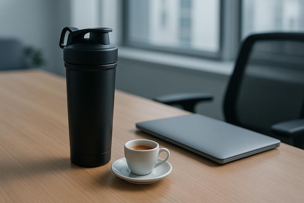 A black shaker bottle stands next to a small white espresso cup on a wooden office desk. A closed silver laptop lies next to the cup, and a black office chair and window are visible in the blurred background.
