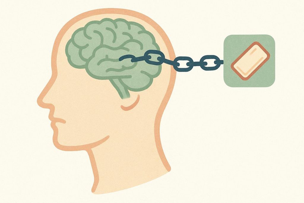 An illustration of a human head in profile with a teal brain inside. A chain emerges from the brain and connects to a piece of nicotine gum. This symbolizes nicotine addiction.