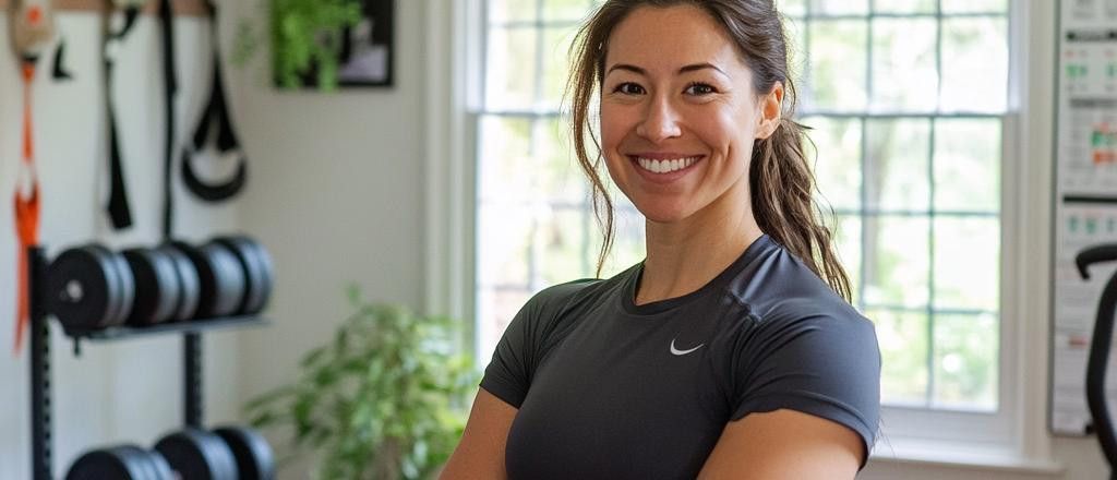 A woman wearing a gray athletic shirt with a Nike logo smiles, arms crossed, with exercise equipment including dumbbells visible in the background.