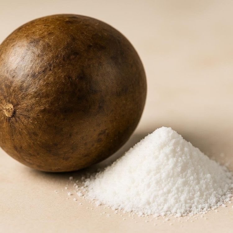 A close-up shot of a dark brown, dried monk fruit next to a small white mound of monk fruit sweetener powder on a light-colored surface.