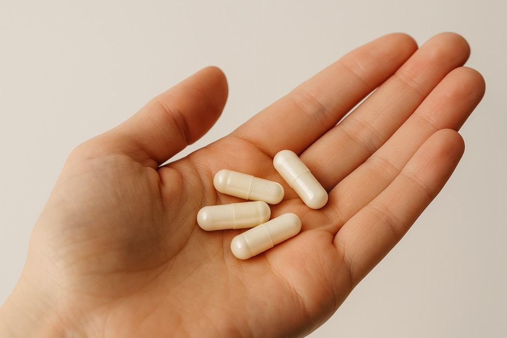 Four white capsules rest in the palm of a hand, illustrating a convenient form of creatine.