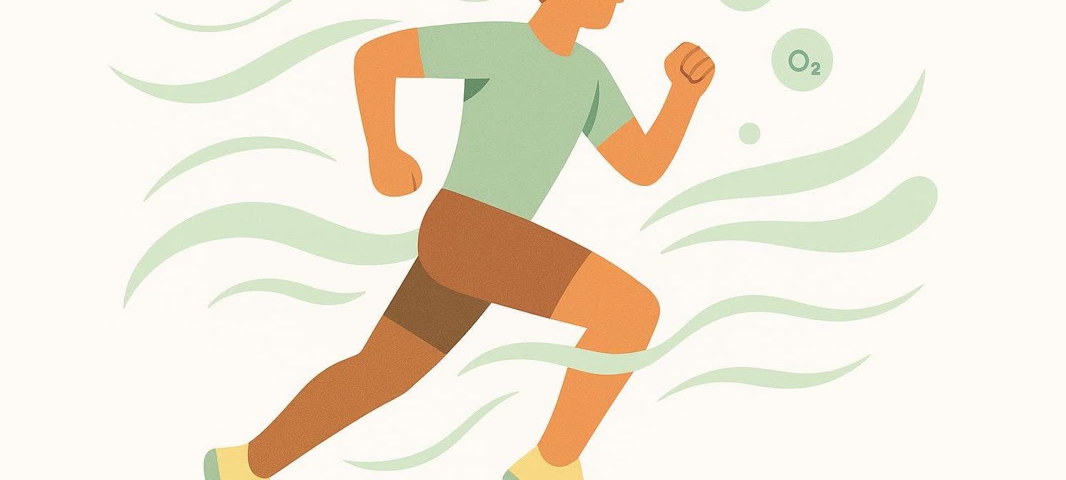 An abstract illustration depicting a runner in motion, surrounded by light green wavy lines suggesting air or movement, and a small bubble with 'O2' indicating oxygen.