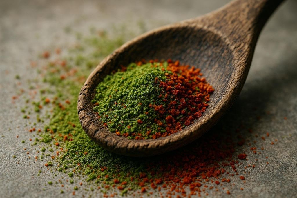 A close-up shot of a rustic wooden spoon holding a heap of vibrant green powder next to an equally vibrant red powder, with some powder scattered around the spoon on a grey surface.