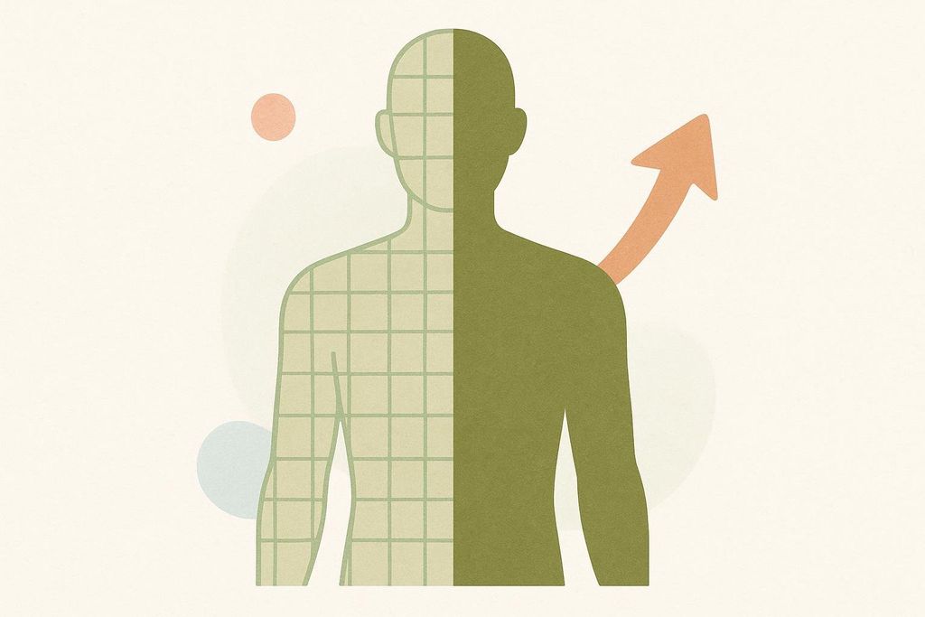 An abstract illustration of a human figure, split vertically. The left half is a light green wireframe with grid lines, and the right half is solid dark green. A rising orange arrow appears behind the right shoulder, and abstract colored shapes are in the background, symbolizing tracked progress.