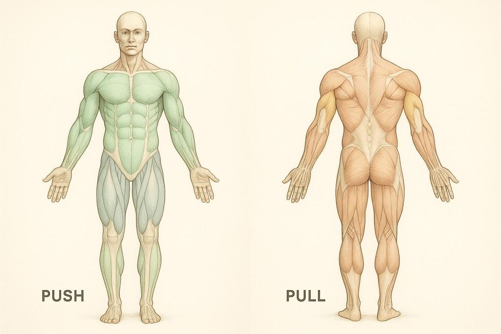 An anatomical diagram illustrating push muscles (chest, shoulders, triceps) on the front of a human figure in green and pull muscles (back, biceps) on the back of a human figure in shades of orange, with text labels 'PUSH' and 'PULL'.