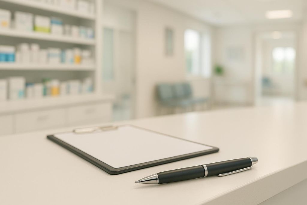 A modern pharmacy counter concept representing retail wellness screening