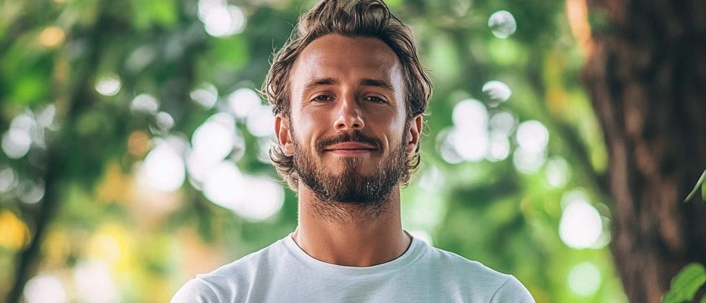 A handsome man with a beard smiles in a natural setting with blurred green trees in the background.