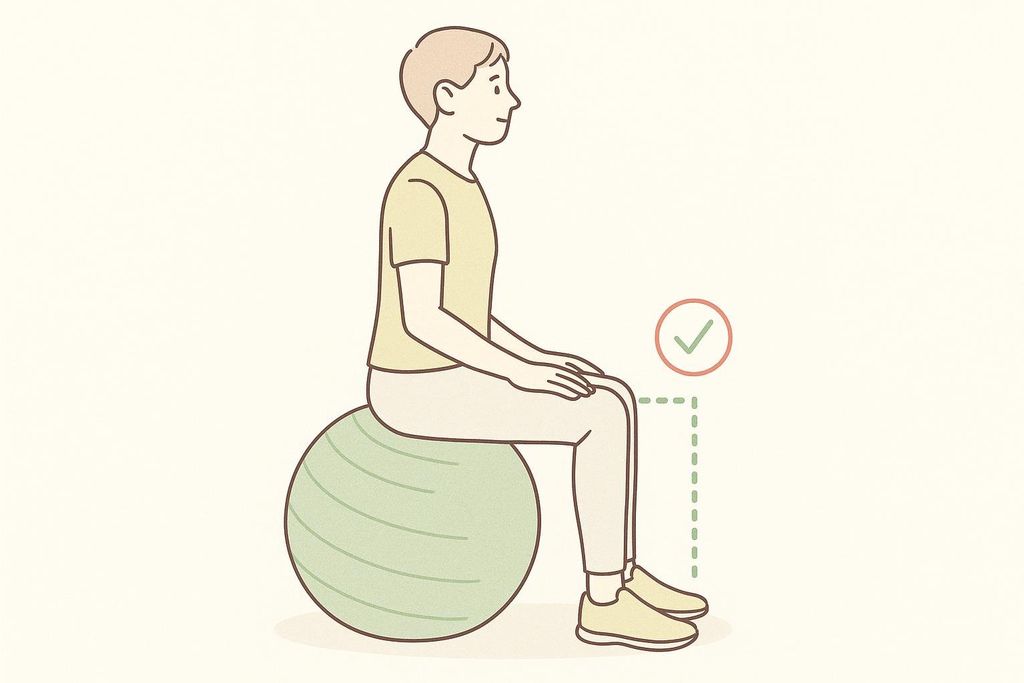 An illustration showing a person sitting on a stability ball. A dashed line highlights the 90-degree angle of the knee, indicating correct posture and ball size. A green checkmark in a red circle reinforces that this is the correct way to sit.