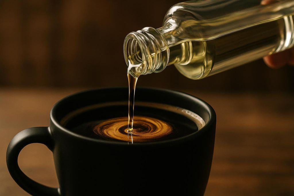 A close-up shot of MCT oil being poured from a clear bottle into a black mug of coffee, creating golden, swirling patterns on the surface.