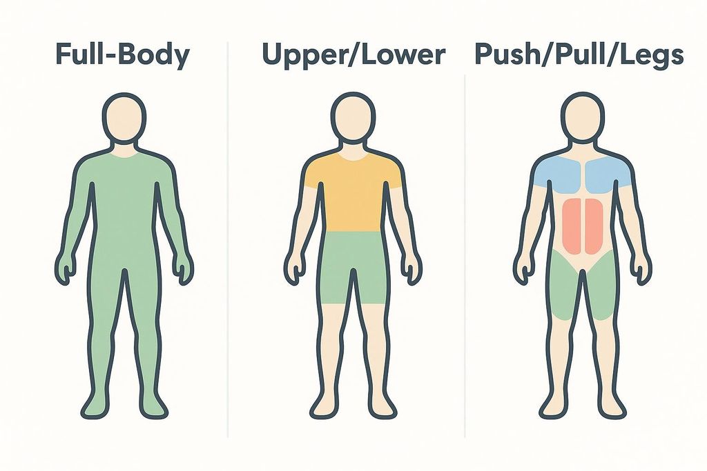 A diagram illustrating three common workout splits: Full-Body, Upper/Lower, and Push/Pull/Legs. The Full-Body figure is entirely green. The Upper/Lower figure has a yellow top and green shorts. The Push/Pull/Legs figure has a blue top (shoulders/chest), orange torso (abs), and green shorts (thighs).