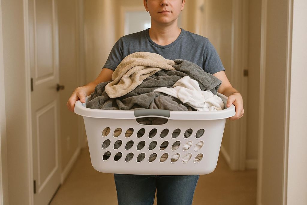 A person in a blue t-shirt and jeans carrying a large white laundry basket filled with clothes, standing in a hallway.