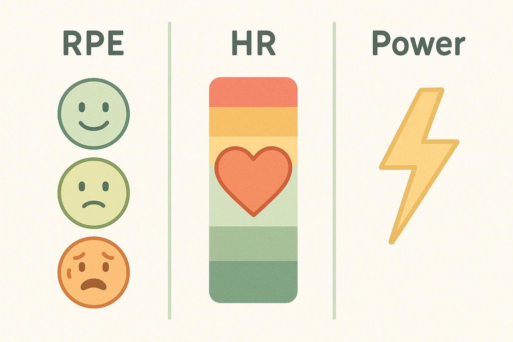 Infographic showing three ways to measure workout intensity: RPE (Rate of Perceived Exertion) with smiley faces, HR (Heart Rate) with a heart and colored zones, and Power with a lightning bolt symbol.