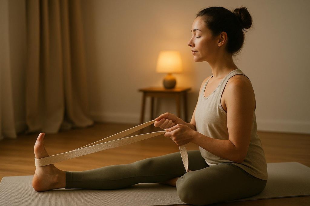 A woman with her eyes closed in a peaceful expression, sitting on a yoga mat and stretching her hamstring with a beige yoga strap. She is wearing a light-colored tank top and olive green leggings, in a softly lit room with a bedside table and lamp in the background.