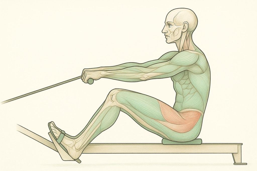 An illustration from the side of a human figure in the drive phase of a rowing motion, highlighting leg and trunk muscle engagement. The glutes are shown in red, while other muscles are in green with bone structure visible.