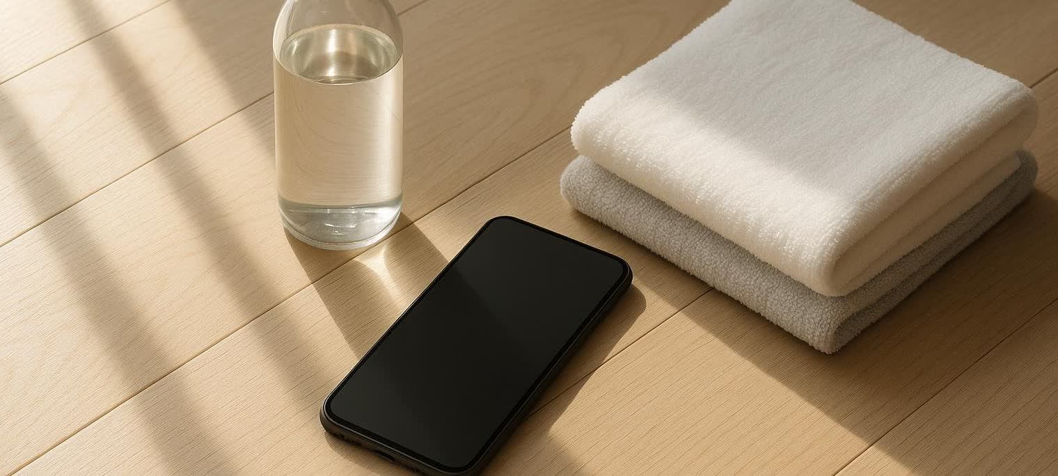 A smartphone, water bottle, and gym towel laid neatly on a wooden floor.
