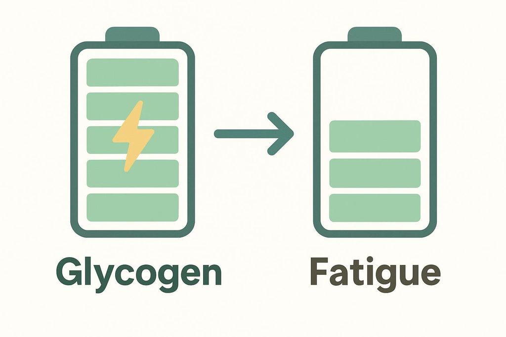 A diagram illustrating the relationship between glycogen and fatigue. On the left, a full battery icon with a lightning bolt symbol represents 'Glycogen'. An arrow points to the right, where a partially depleted battery icon (about one-third full) represents 'Fatigue'. This visually depicts that as glycogen levels decrease, fatigue increases.