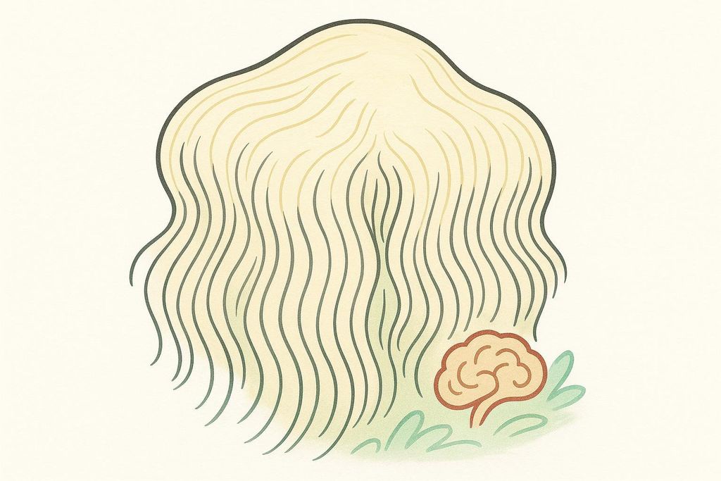 An illustration of a light blonde Lion's Mane mushroom with a small, stylized human brain beside it, surrounded by green organic shapes, suggesting the mushroom's association with brain health.