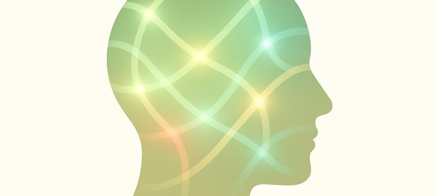Abstract vector artwork showing a glowing mind and bright neural pathways, depicting conceptual thought or mental activity.