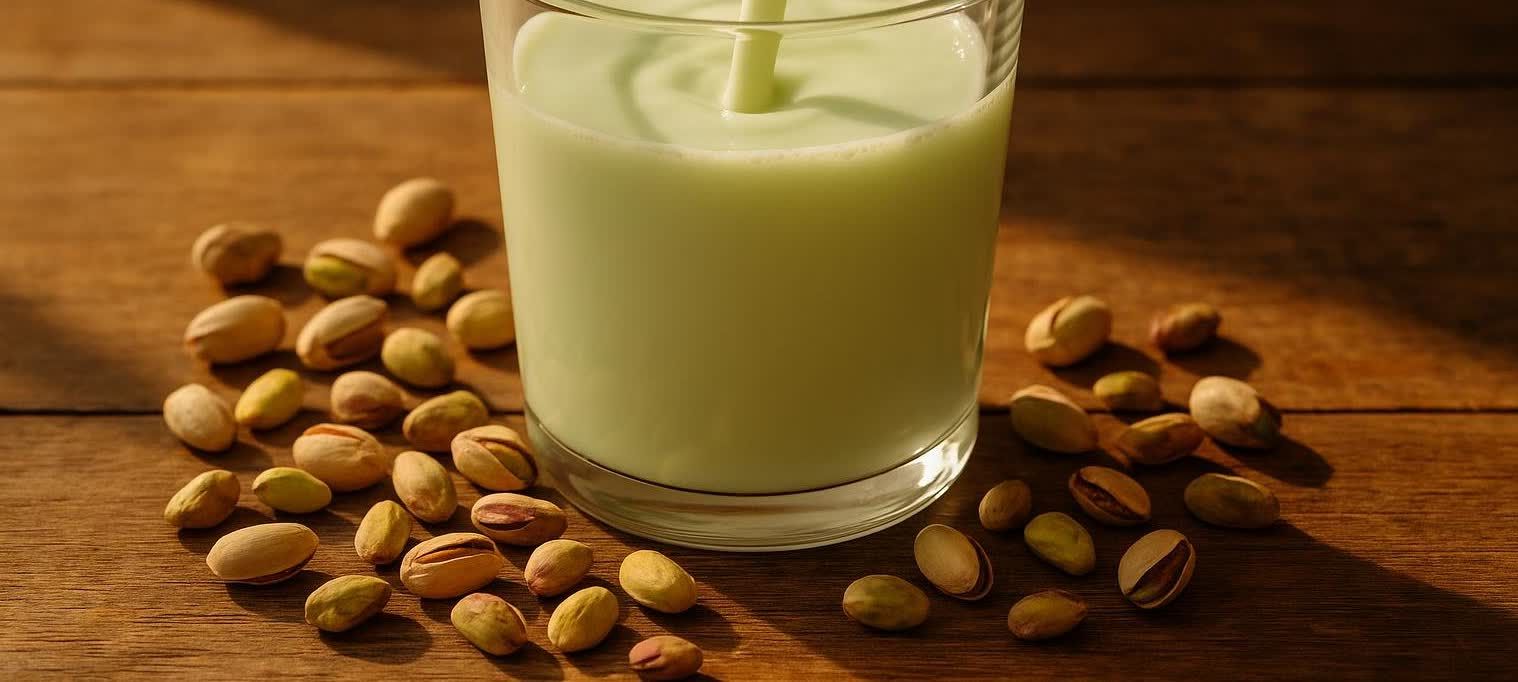 Light green pistachio milk being poured into a clear glass, surrounded by shelled and unshelled pistachios on a wooden surface.