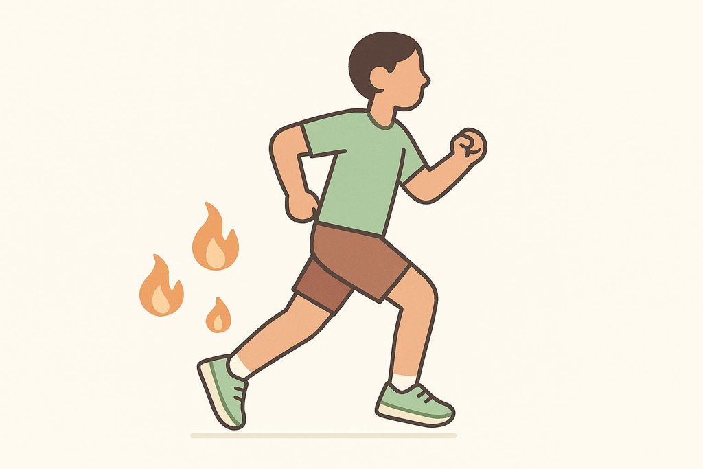 Illustration of a person with short brown hair, wearing a green t-shirt and brown shorts, running. Behind their left leg, three orange fire icons representing burning calories are visible, diminishing in size as they trail away from the runner.