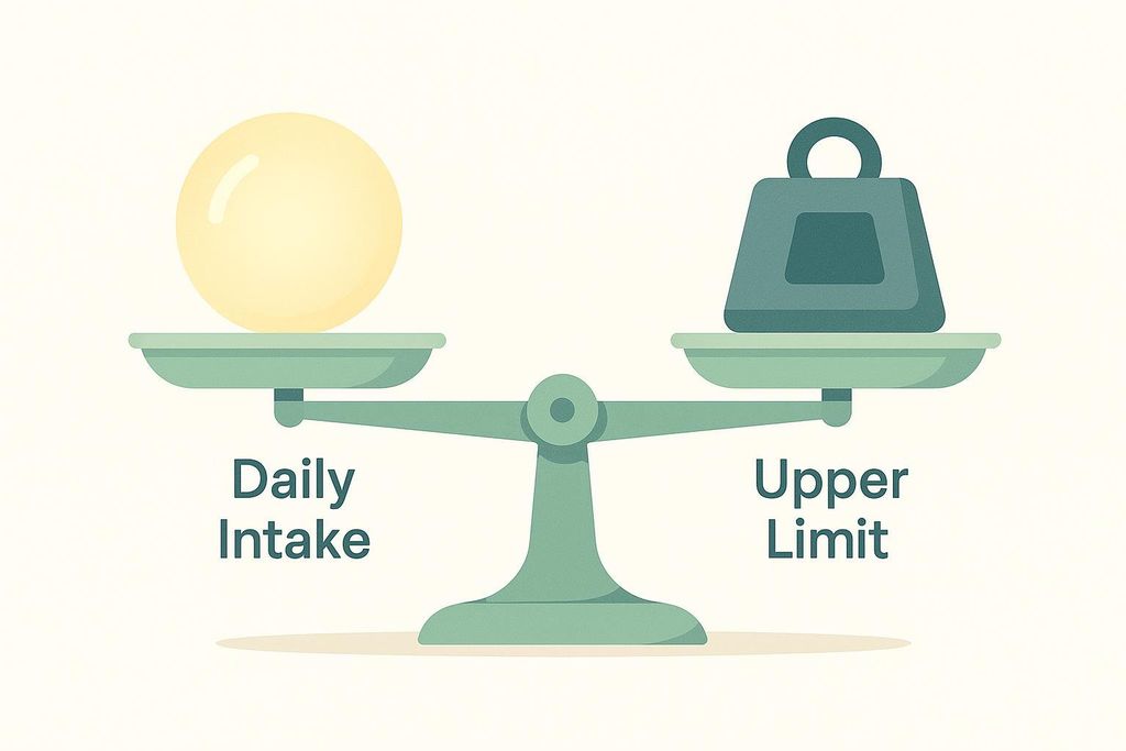 An illustration of a balanced scale with a light yellow sphere on the left pan labeled 'Daily Intake' and a heavy, dark gray weight on the right pan labeled 'Upper Limit'. The scale is perfectly level, indicating balance.