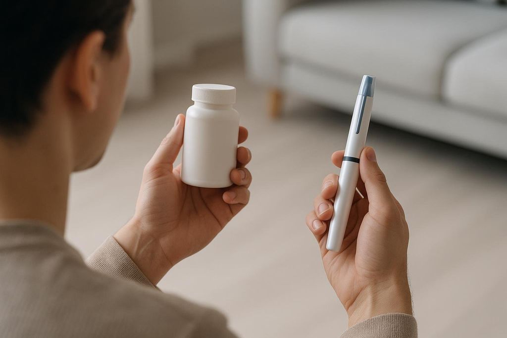 A person holds a white pill bottle in one hand and a white injector pen in the other, presenting a choice between oral and injectable medication.