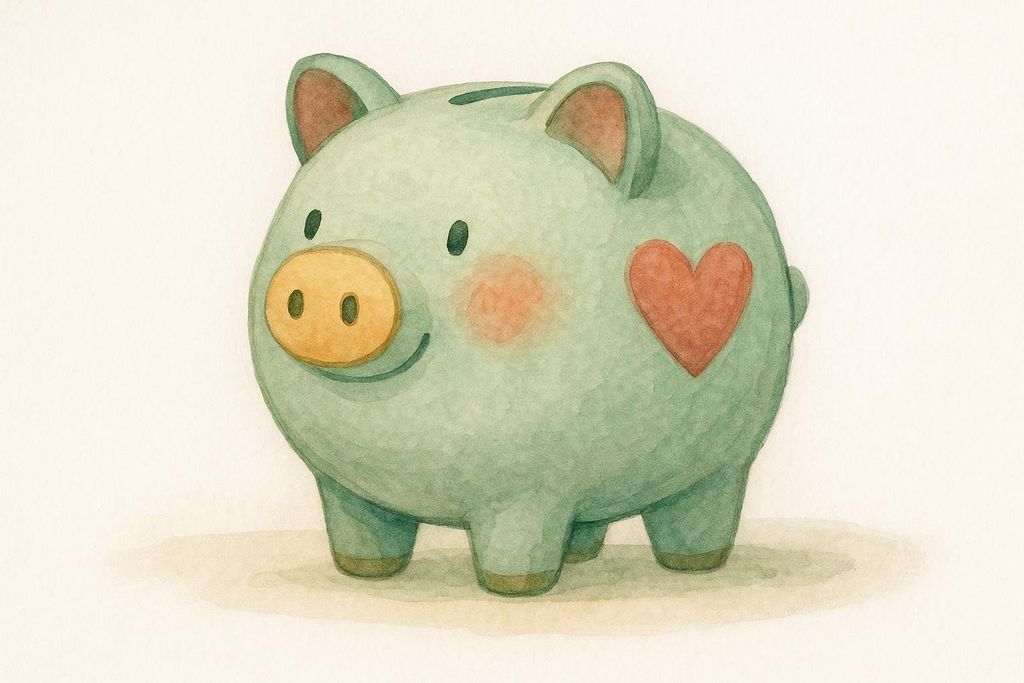 A soft watercolor illustration of a light green piggy bank with a smiling face, rosy cheeks, and a red heart painted on its side, standing on a light background.